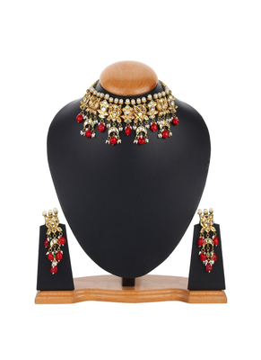 Runjhun gold plated red & golden kundan studded & beaded jewellery set for womens 2