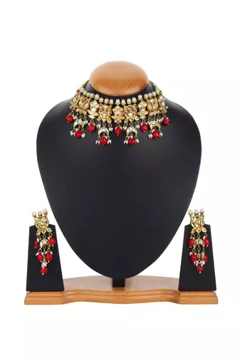 Runjhun gold plated red & golden kundan studded & beaded jewellery set for womens