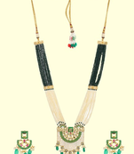 Runjhun gold plated white & green kundan & ruby studded beaded meenakari handcrafted jewellery set