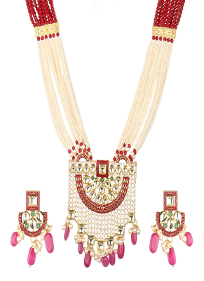 Runjhun gold plated white & pink kundan & ruby studded beaded meenakari handcrafted jewellery set 2