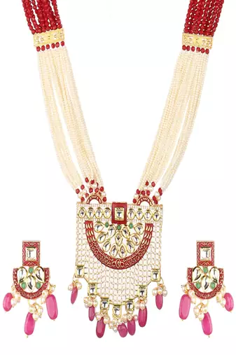 Runjhun gold plated white & pink kundan & ruby studded beaded meenakari handcrafted jewellery set