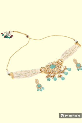 Runjhun white & green colored brass beaded choker set for women