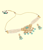 Runjhun white & green colored brass beaded choker set for women