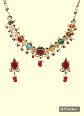 Runjhun multicolored brass gold plated navratna kundan necklace set for womens & girls 1