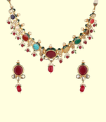 Runjhun multicolored brass gold plated navratna kundan necklace set for womens & girls