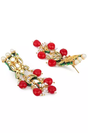 Runjhun gold plated red & golden kundan studded & beaded jewellery set for womens