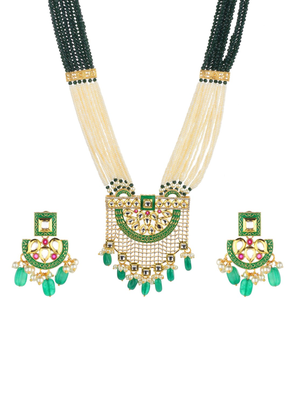 Runjhun gold plated white & green kundan & ruby studded beaded meenakari handcrafted jewellery set 2