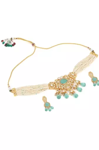 Runjhun white & green colored brass beaded choker set for women