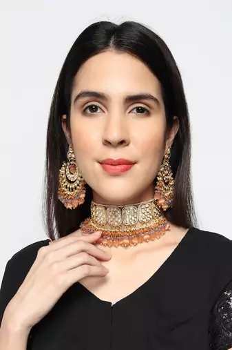 Runjhun squared style decent traditional orange kundan & beads studded choker necklace set for women