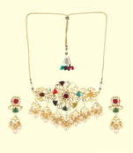 Runjhun multicolored brass gold plated navratna kundan necklace set for traditional wear