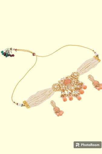 Runjhun peach handcrafted brass beaded choker set