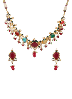 Runjhun multicolored brass gold plated navratna kundan necklace set for womens & girls 2