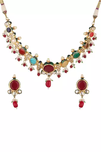 Runjhun multicolored brass gold plated navratna kundan necklace set for womens & girls