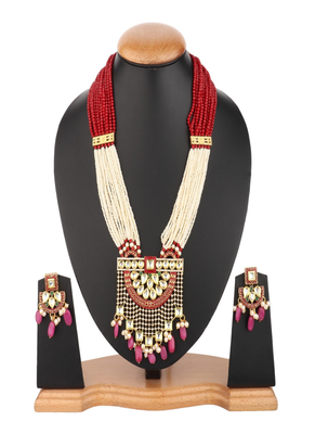 Runjhun gold plated white & pink kundan & ruby studded beaded meenakari handcrafted jewellery set 3