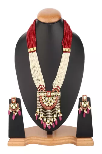 Runjhun gold plated white & pink kundan & ruby studded beaded meenakari handcrafted jewellery set
