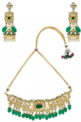 Runjhun gold plated green & golden kundan studded & beaded jewellery set for womens