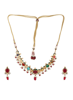 Runjhun multicolored brass gold plated navratna kundan necklace set for womens & girls 3