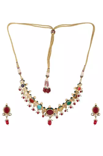 Runjhun multicolored brass gold plated navratna kundan necklace set for womens & girls