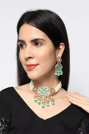 Runjhun white & green colored brass beaded choker set for women