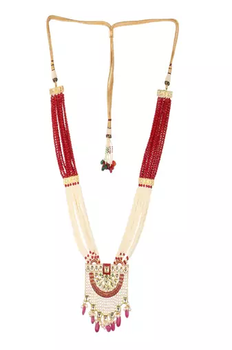 Runjhun gold plated white & pink kundan & ruby studded beaded meenakari handcrafted jewellery set