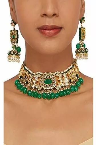 Runjhun gold plated green & golden kundan studded & beaded jewellery set for womens