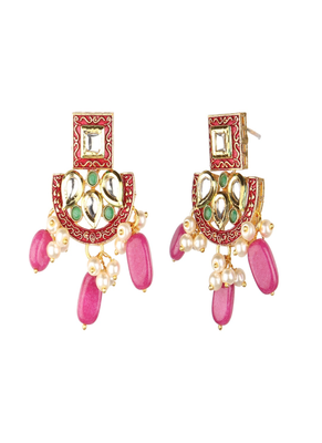Runjhun gold plated white & pink kundan & ruby studded beaded meenakari handcrafted jewellery set 5