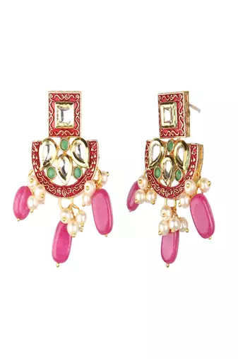 Runjhun gold plated white & pink kundan & ruby studded beaded meenakari handcrafted jewellery set