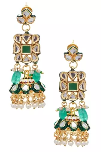 Runjhun gold plated green & golden kundan studded & beaded jewellery set for womens