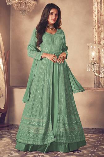 Light Green Georgette Sequins Embroidered Wedding Wear Skirt Kameez