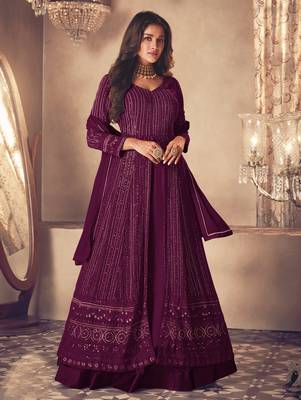 Wine Georgette Sequins Embroidered Wedding Wear Skirt Kameez 1