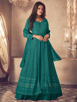 Teal Blue Georgette Sequins Embroidered Wedding Wear Skirt Kameez 1