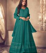 Teal Blue Georgette Sequins Embroidered Wedding Wear Skirt Kameez