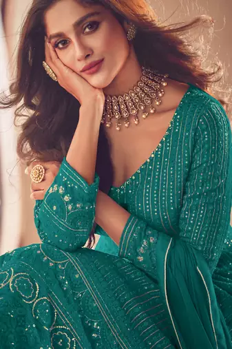 Teal Blue Georgette Sequins Embroidered Wedding Wear Skirt Kameez