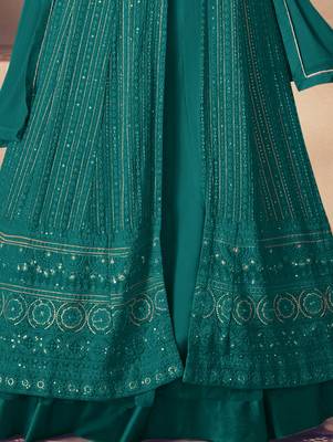 Teal Blue Georgette Sequins Embroidered Wedding Wear Skirt Kameez 3