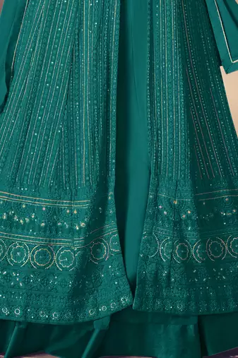 Teal Blue Georgette Sequins Embroidered Wedding Wear Skirt Kameez
