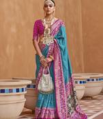 Blue Silk Blend Zari Embroidered Saree