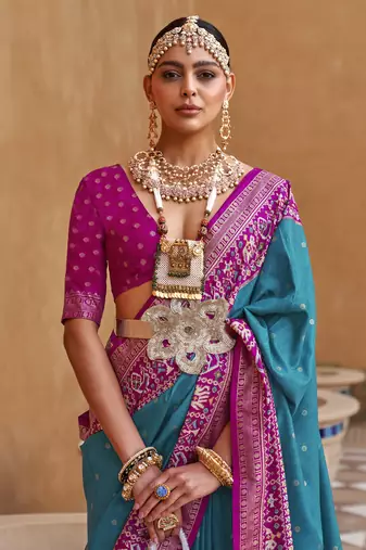Blue Silk Blend Zari Embroidered Saree