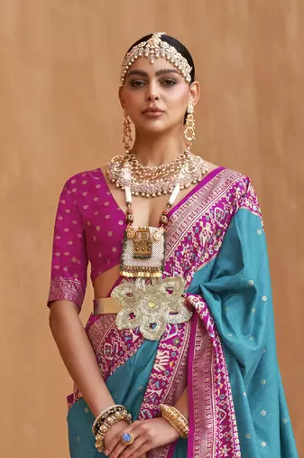Blue Silk Blend Zari Embroidered Saree