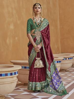 Elora Woven Designed Patola Silk Blend Saree (Dark Maroon) 1