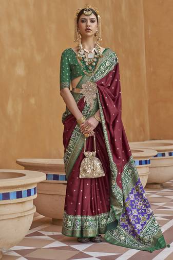 Elora Woven Designed Patola Silk Blend Saree (Dark Maroon)