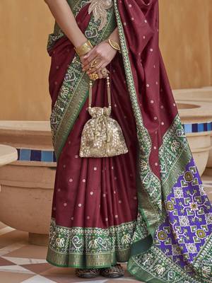 Elora Woven Designed Patola Silk Blend Saree (Dark Maroon) 4