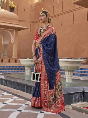 Elora Woven Designed Patola Silk Blend Saree (Indigo Blue) 1