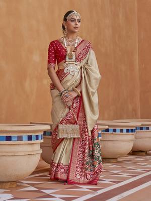 Red and Cream Silk-Blend Zari Embroidered Patola Saree 1