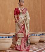 Red and Cream Silk-Blend Zari Embroidered Patola Saree