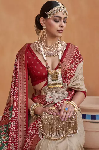 Red and Cream Silk-Blend Zari Embroidered Patola Saree