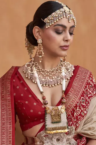 Red and Cream Silk-Blend Zari Embroidered Patola Saree