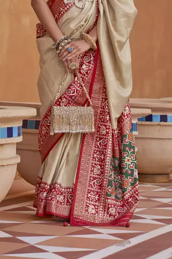 Red and Cream Silk-Blend Zari Embroidered Patola Saree