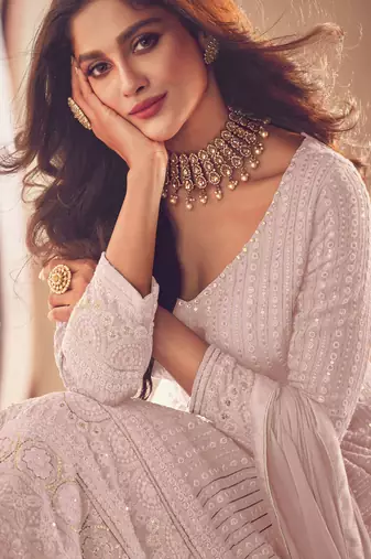 Light Pink Georgette Sequins Embroidered Wedding Wear Skirt Kameez
