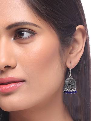 Silver plated oxidised blue beads dangle earrings 1