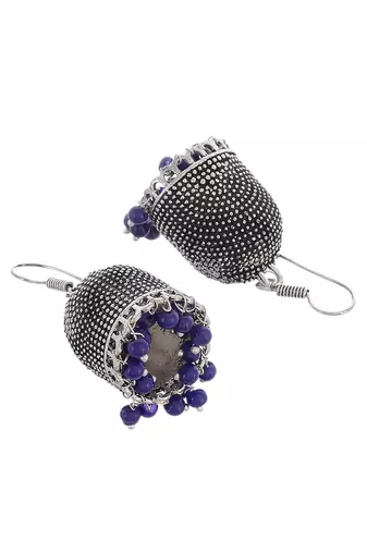 Silver plated oxidised blue beads dangle earrings
